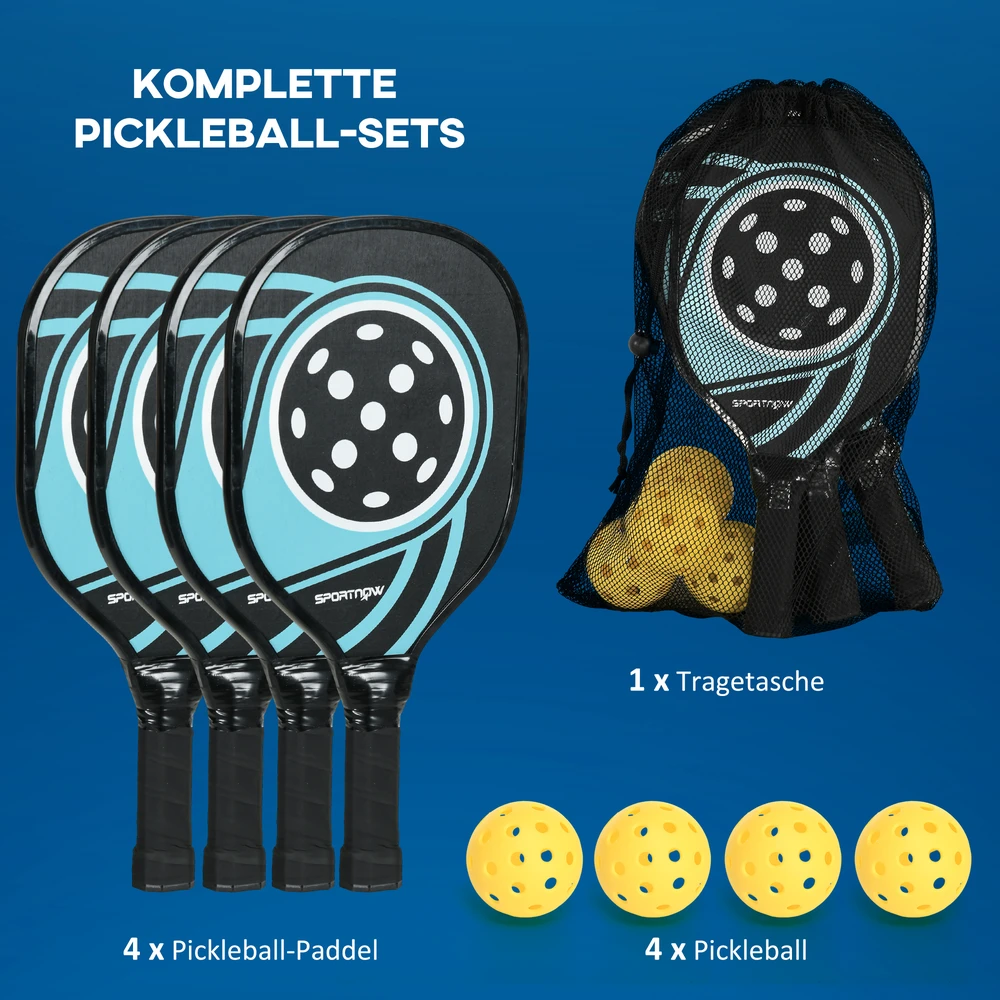 Piklobolo rinkinys su 4 raketėmis ir 4 kamuoliukais, mėlynas ir juodas, 40 × 20 × 3 cm