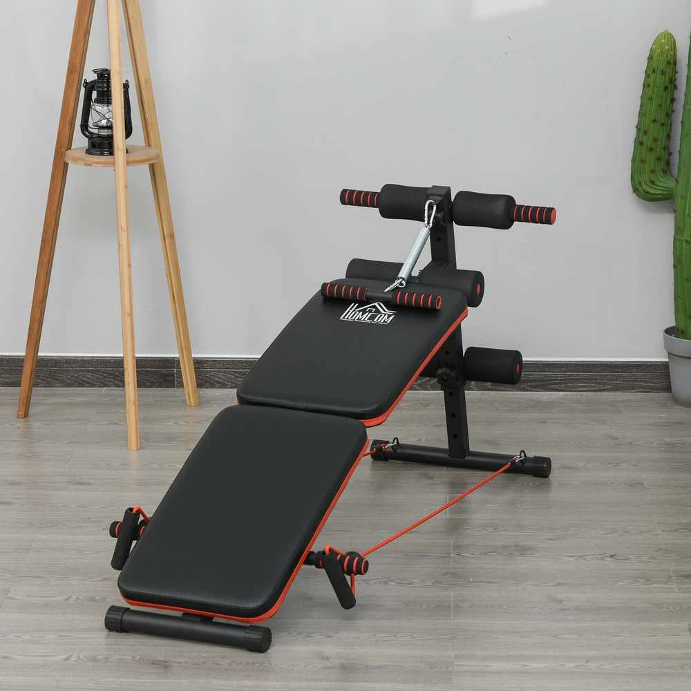 HOMCOM pilvo preso suoliukas, treniruoklis su pasipriešinimo virvėmis, daugiafunkcis, reguliuojamas ir sulankstomas, 110 kg apkrova, plieno, juodas/raudonas