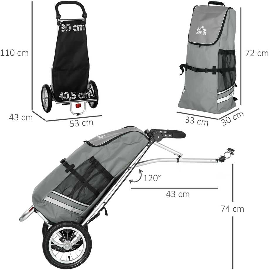 HOMCOM krovininė priekaba ir pirkinių vežimėlis 2 viename, dviračių priekaba su jungtimis, 24,3kg, 55 l, aliuminis + Oksfordo audinys, pilka ir sidabrinė, 53x43x110 cm