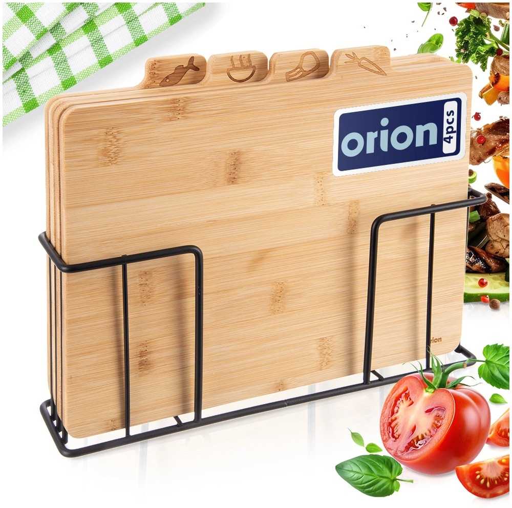 Orion Medinių pjaustymo lentelių rinkinys su stovu 4 vnt. su žymėjimais
