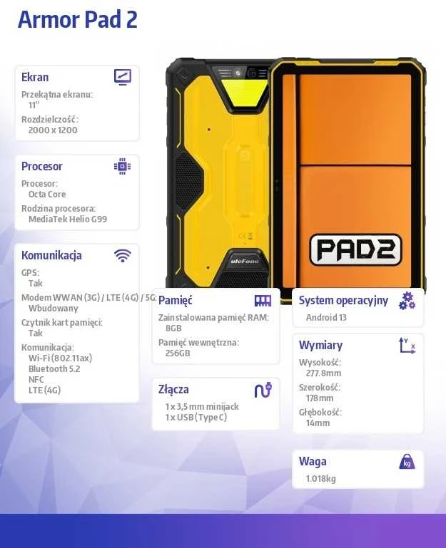 Planšetė Planšetinis Kompiuteris - Ulefone Armor Pad 2 11" 8GB RAM 256GB LTE 48MP Juodas/Geltonas