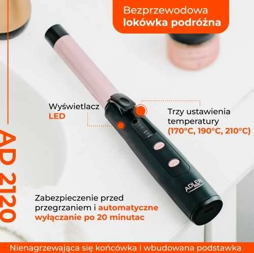 Adler Cordless Curling Iron | AD 2120 | Temperature (min) 170 °C | Ekranas LED | Juodas/Rose Gold
