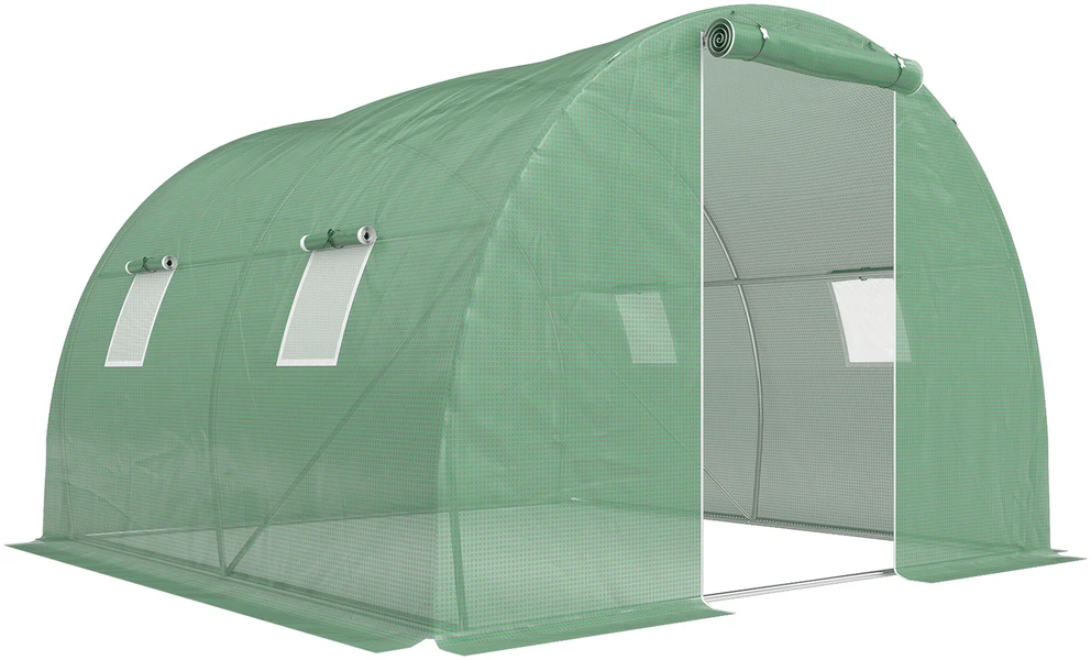 "Outsunny" polietunelis 3x3 m ilgio, 4 langai, apsauga nuo šalčio, vamzdinis plienas, tamsiai žalias