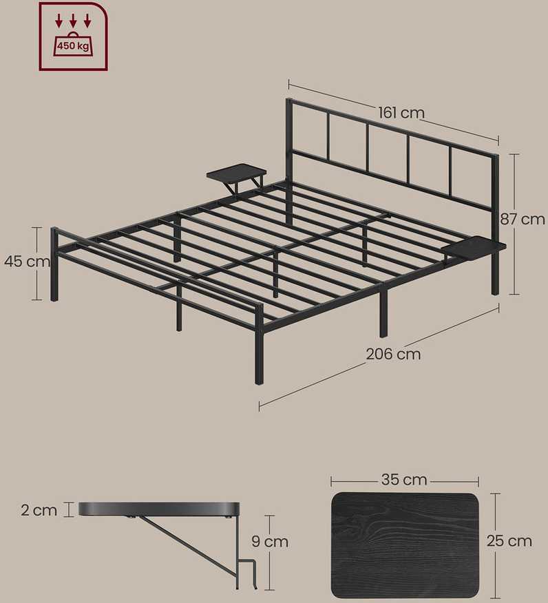 Songmics Vasagle Dvigulės lovos rėmas 160 x 200 cm su matiniu juodu galvūgaliu