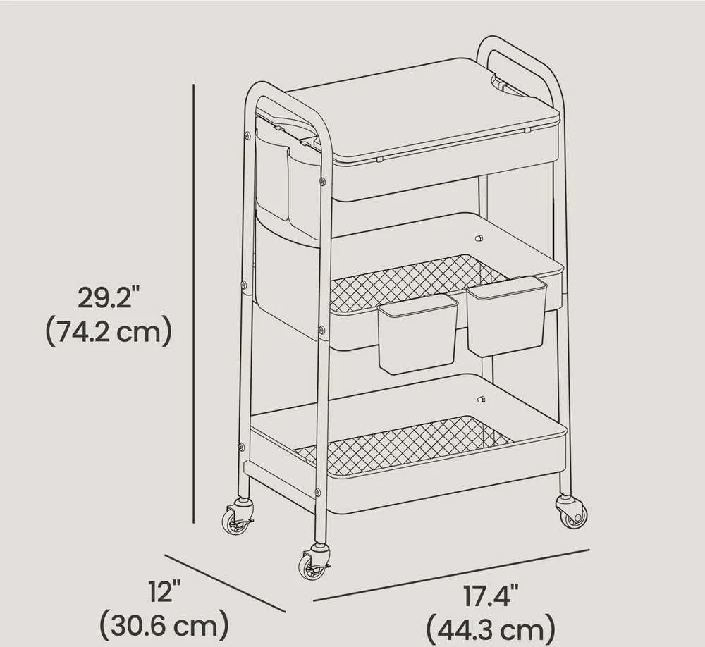 Songmics Plieninis vežimėlis su 3 lentynomis, 30.6x44.3x74.2 cm