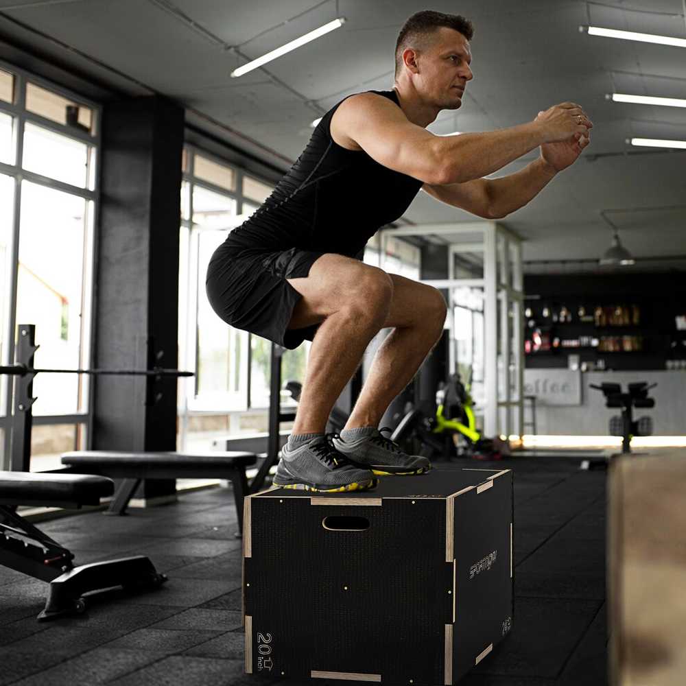 SPORTNOW šuolių dėžė, 3-in-1 plyometrinė medinė dėžė su rankenomis, platforma šuoliams namuose ir sporto salėje, juoda