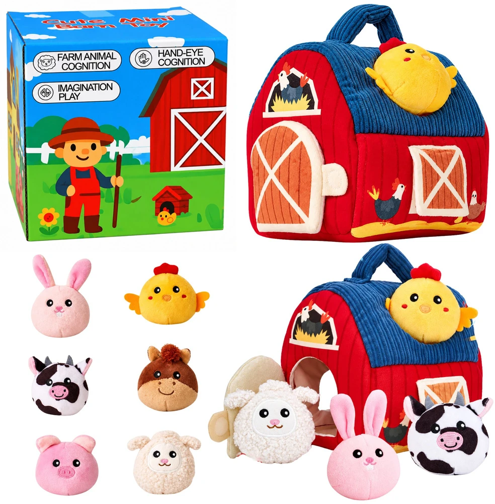 Lean Toys Pliušinė ferma su gyvūnais kūdikiams, sensorinis tvartas, 6 gyvūnai
