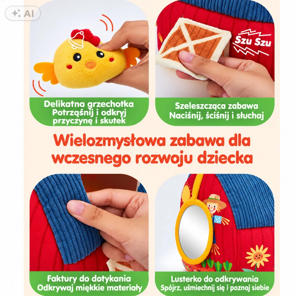 Lean Toys Pliušinė ferma su gyvūnais kūdikiams, sensorinis tvartas, 6 gyvūnai