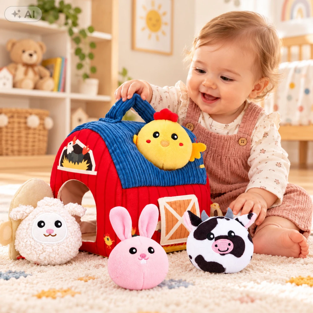 Lean Toys Pliušinė ferma su gyvūnais kūdikiams, sensorinis tvartas, 6 gyvūnai