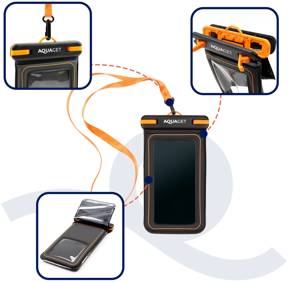 Springos Plūduriuojantis IPX8 telefono dėklas, juodas / oranžinis / skaidrus, 23,5 cm