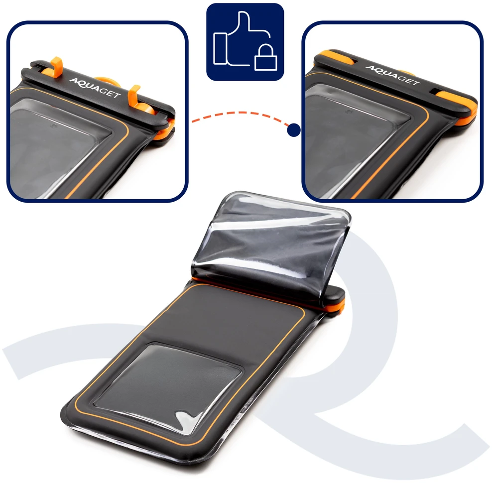 Springos Plūduriuojantis IPX8 telefono dėklas, juodas / oranžinis / skaidrus, 23,5 cm