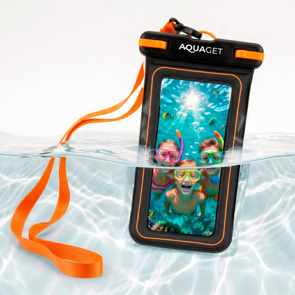Springos Plūduriuojantis IPX8 telefono dėklas, juodas / oranžinis / skaidrus, 23,5 cm