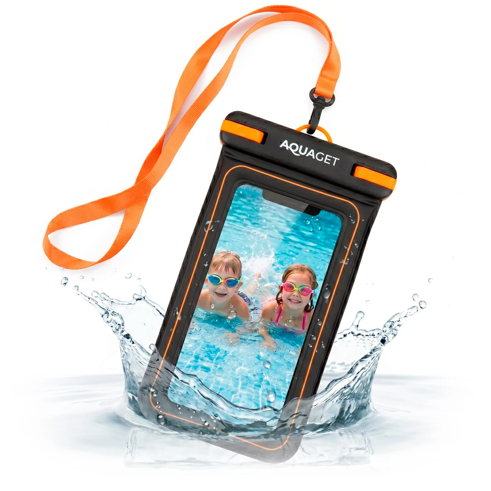 Springos Plūduriuojantis IPX8 telefono dėklas, juodas / oranžinis / skaidrus, 23,5 cm
