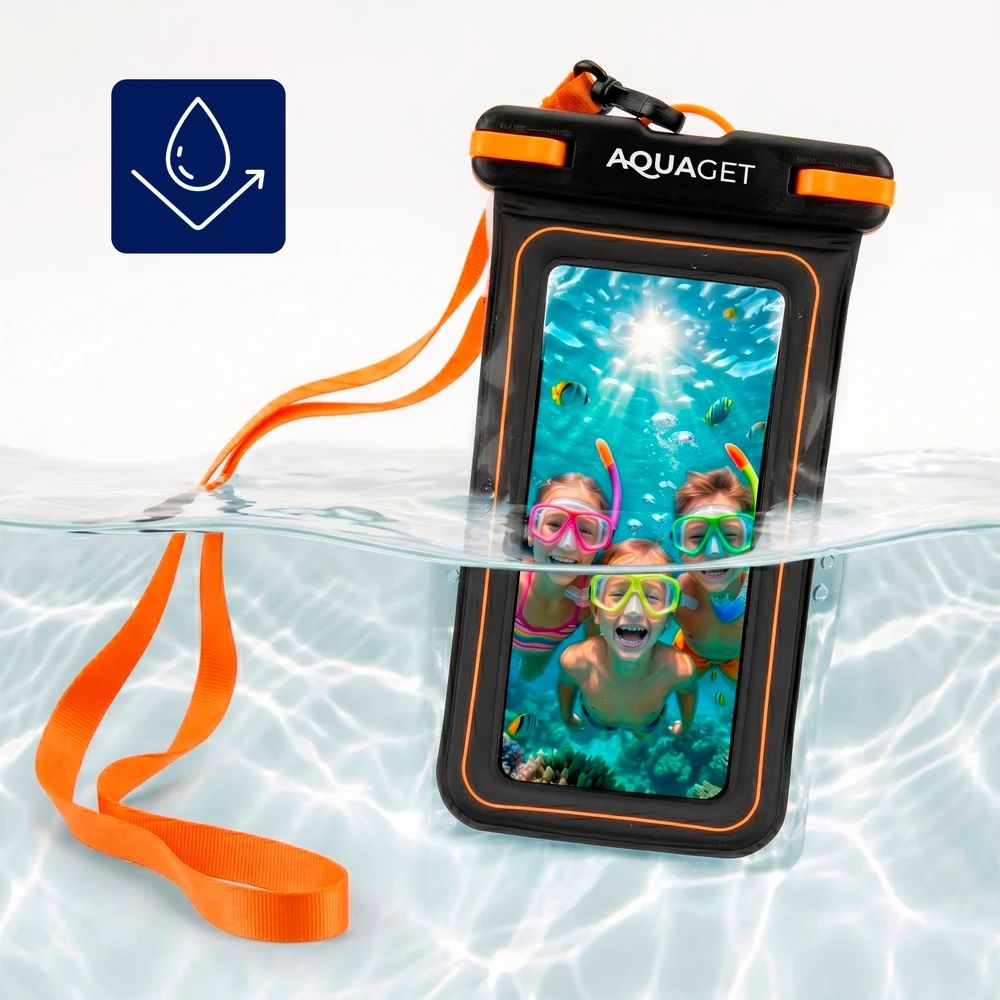 Springos Plūduriuojantis IPX8 telefono dėklas, juodas / oranžinis / skaidrus, 23,5 cm