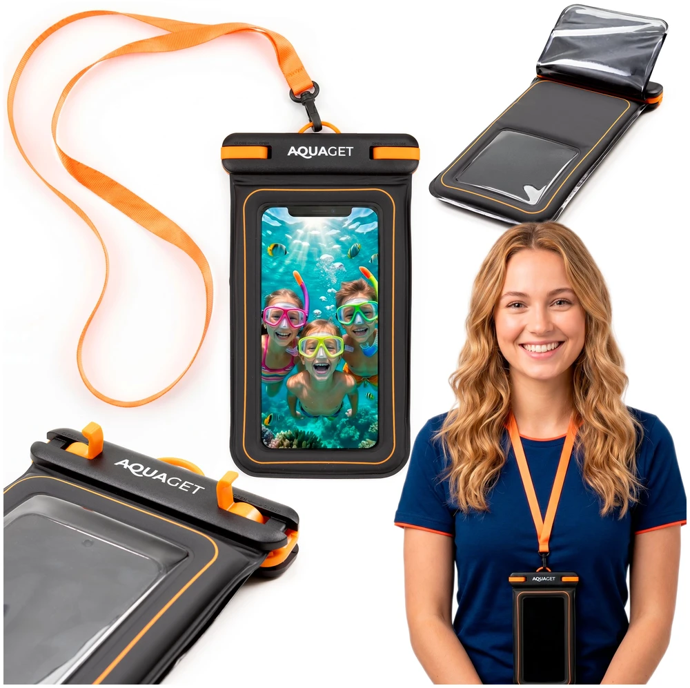 Springos Plūduriuojantis IPX8 telefono dėklas, juodas / oranžinis / skaidrus, 23,5 cm