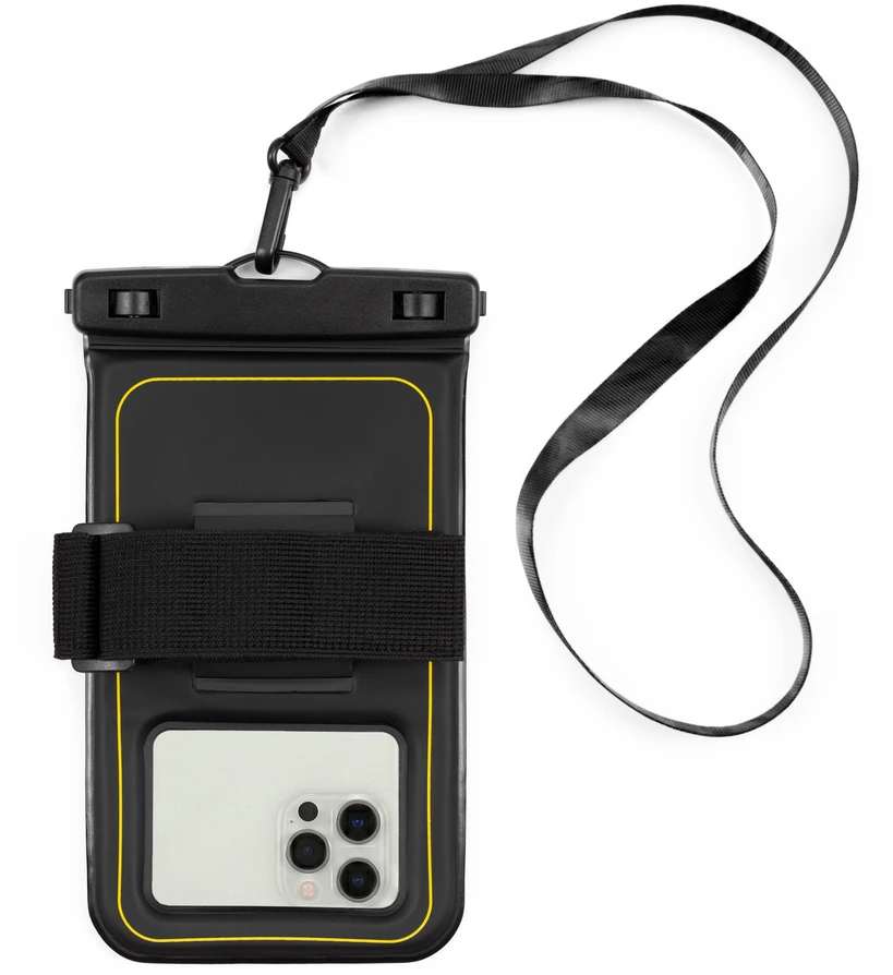 Springos Plūduriuojantis vandeniui atsparus telefono dėklas IPX8, skaidrus ir juodas, 22,5 cm