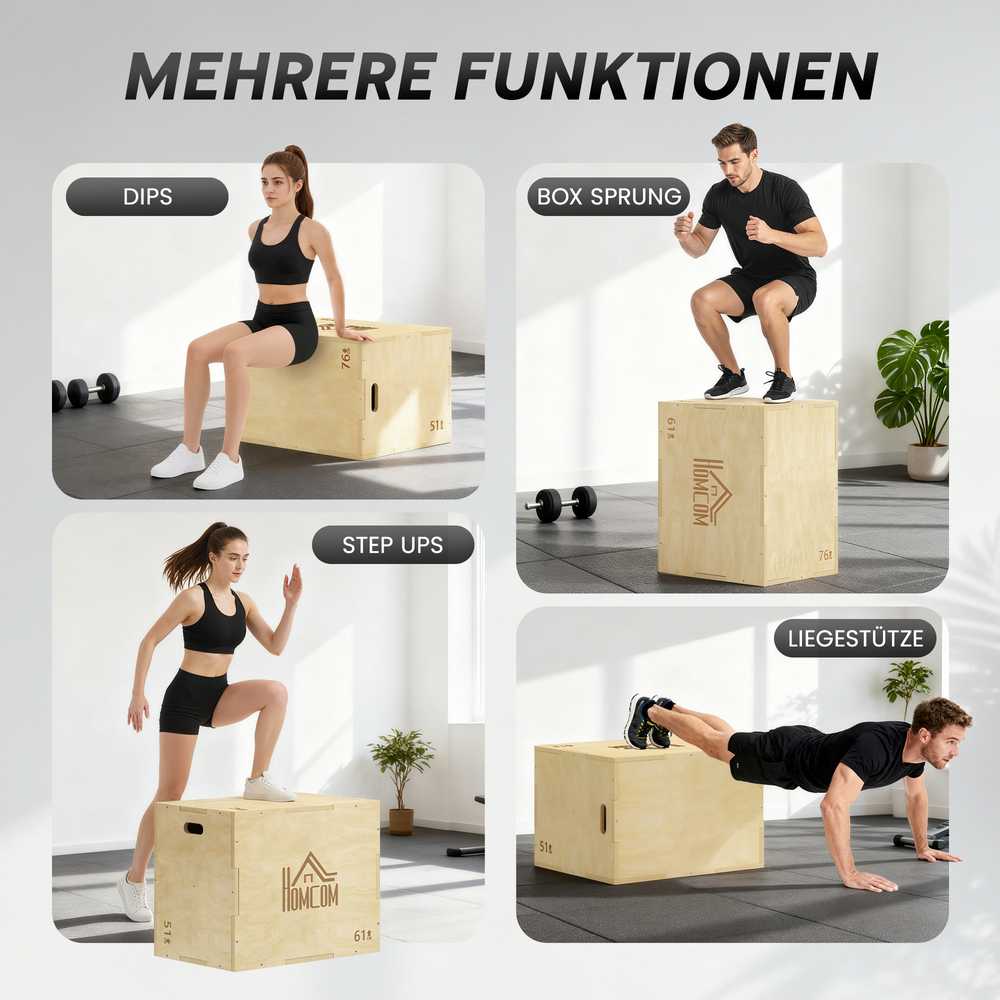 3-in-1 Plyo Box medinė plyometrinė dėžė su 3 šuolių aukščiais ir rankenomis 61 x 51 x 76 cm natūralaus medžio