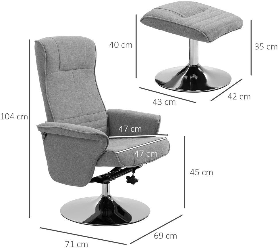 HOMCOM poilsio fotelis su taburete, pasukamas, su atlošimo funkcija, TV fotelis, iki 150 kg, aksominis, pilkas