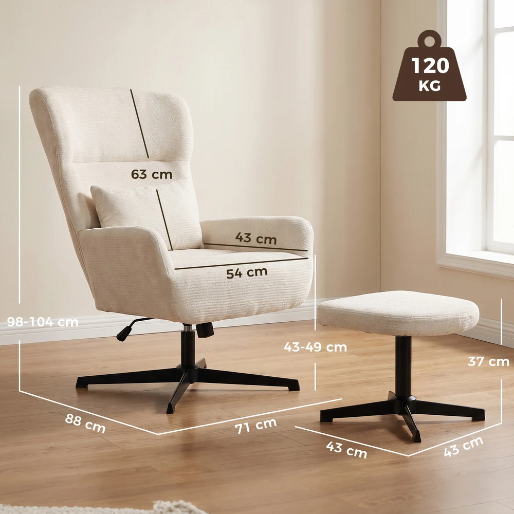 Poilsio fotelis su pakoju, 360° pasukamas, kreminės baltos spalvos, 71 × 88 × 98–104 cm, 2 dalių rinkinys