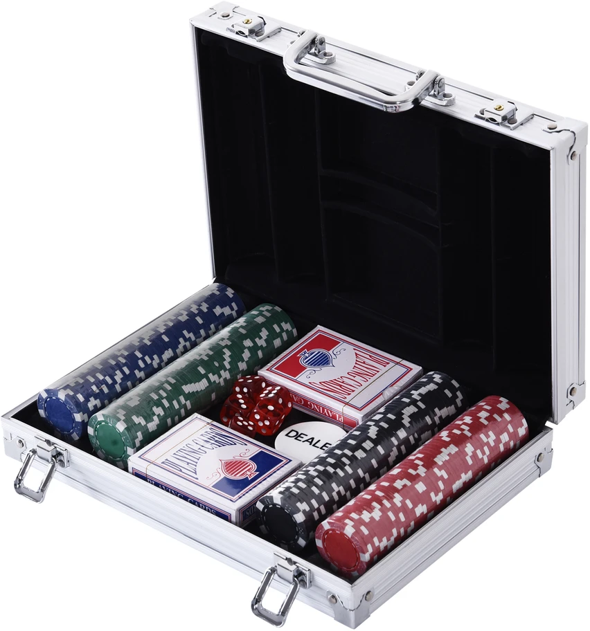 HOMCOM pokerio lagaminas, 200 pokerio žetonų, 2 kortų kaladės, 5 kauliukai, aliumininis lagaminas, polistirenas, 29,5x20,5x6,5 cm, žaidimų vakarams