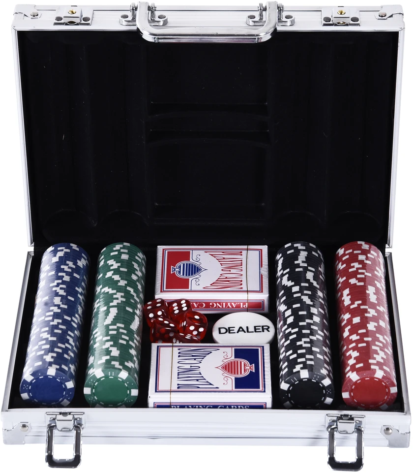 HOMCOM pokerio lagaminas, 200 pokerio žetonų, 2 kortų kaladės, 5 kauliukai, aliumininis lagaminas, polistirenas, 29,5x20,5x6,5 cm, žaidimų vakarams