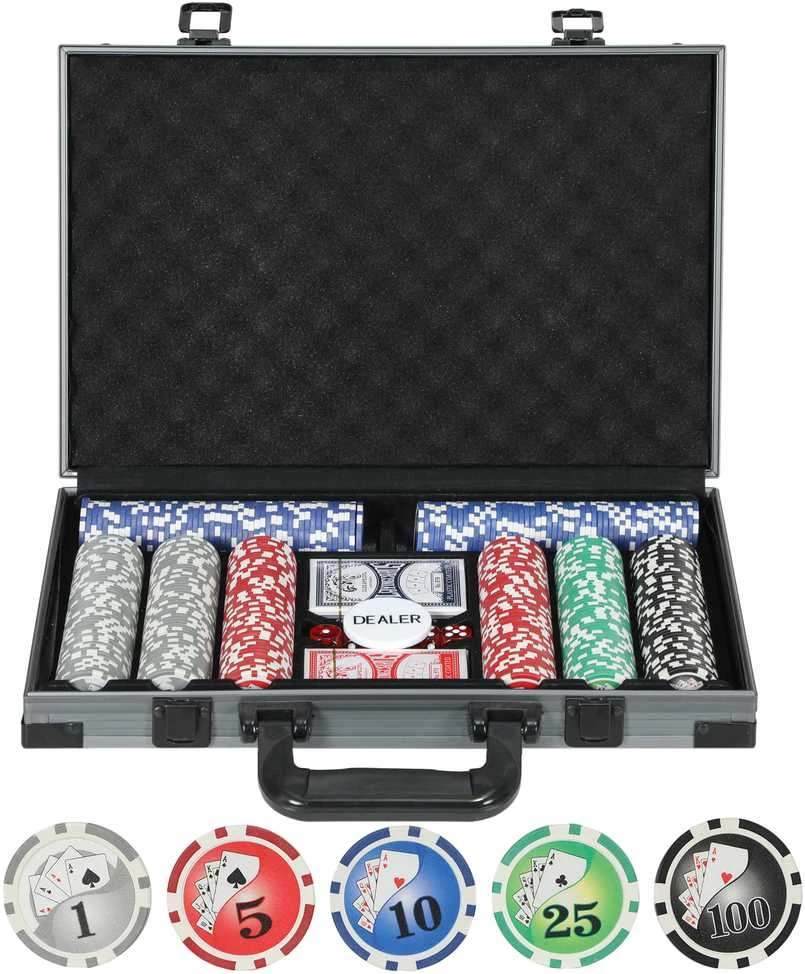 SPORTNOW pokerio lagaminas, pokerio komplektas su 400 žetonų, 11,5 g, 2 kortų kaladėmis, 5 kauliukais, dalintojo žetonu, žaidimų kilimėliu, aliumininiu lagaminu