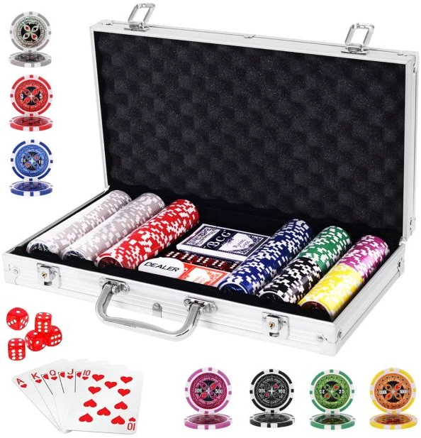 Pokerio žetonų rinkinys sidabrinis 300 vnt.
