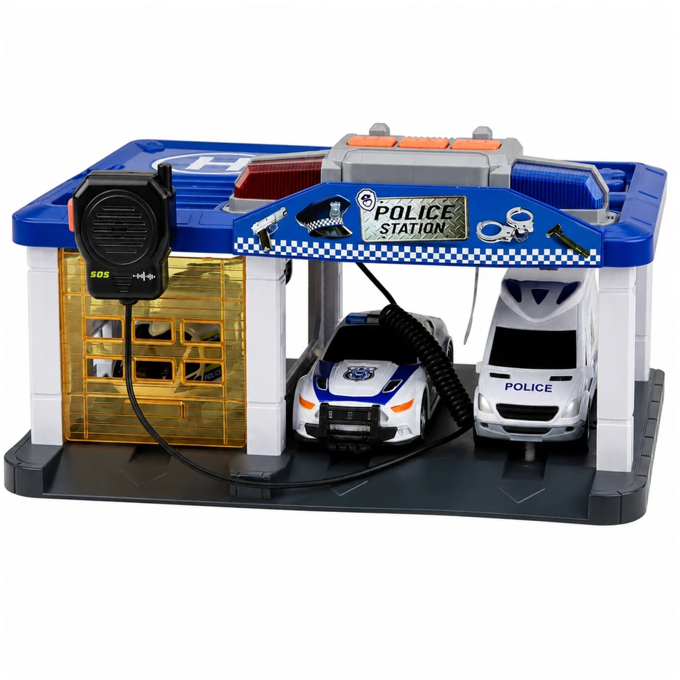 Lean Toys Policijos garažas su automobiliais ir sraigtasparniu, mėlynas ir baltas, 32 × 17 × 21 cm