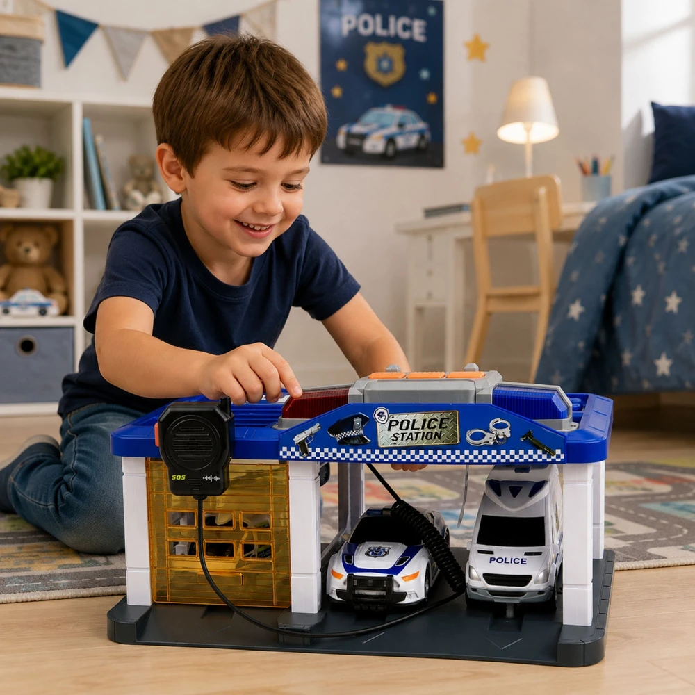 Lean Toys Policijos garažas su automobiliais ir sraigtasparniu, mėlynas ir baltas, 32 × 17 × 21 cm