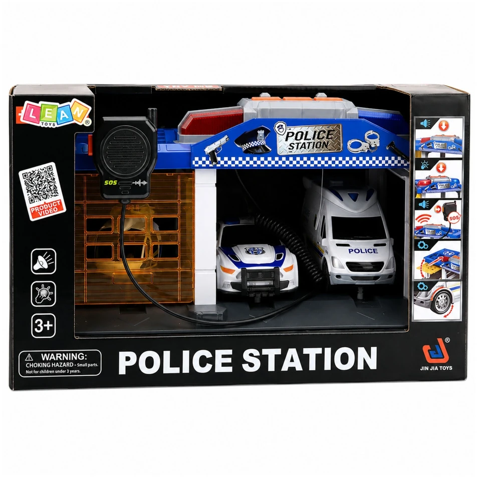 Lean Toys Policijos garažas su automobiliais ir sraigtasparniu, mėlynas ir baltas, 32 × 17 × 21 cm
