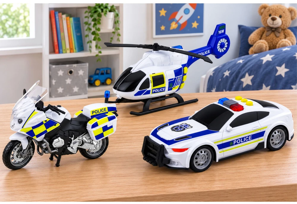 Lean Toys Policijos transporto priemonių rinkinys su šviesos ir garso efektais, baltos ir mėlynos spalvos, 3 vnt.