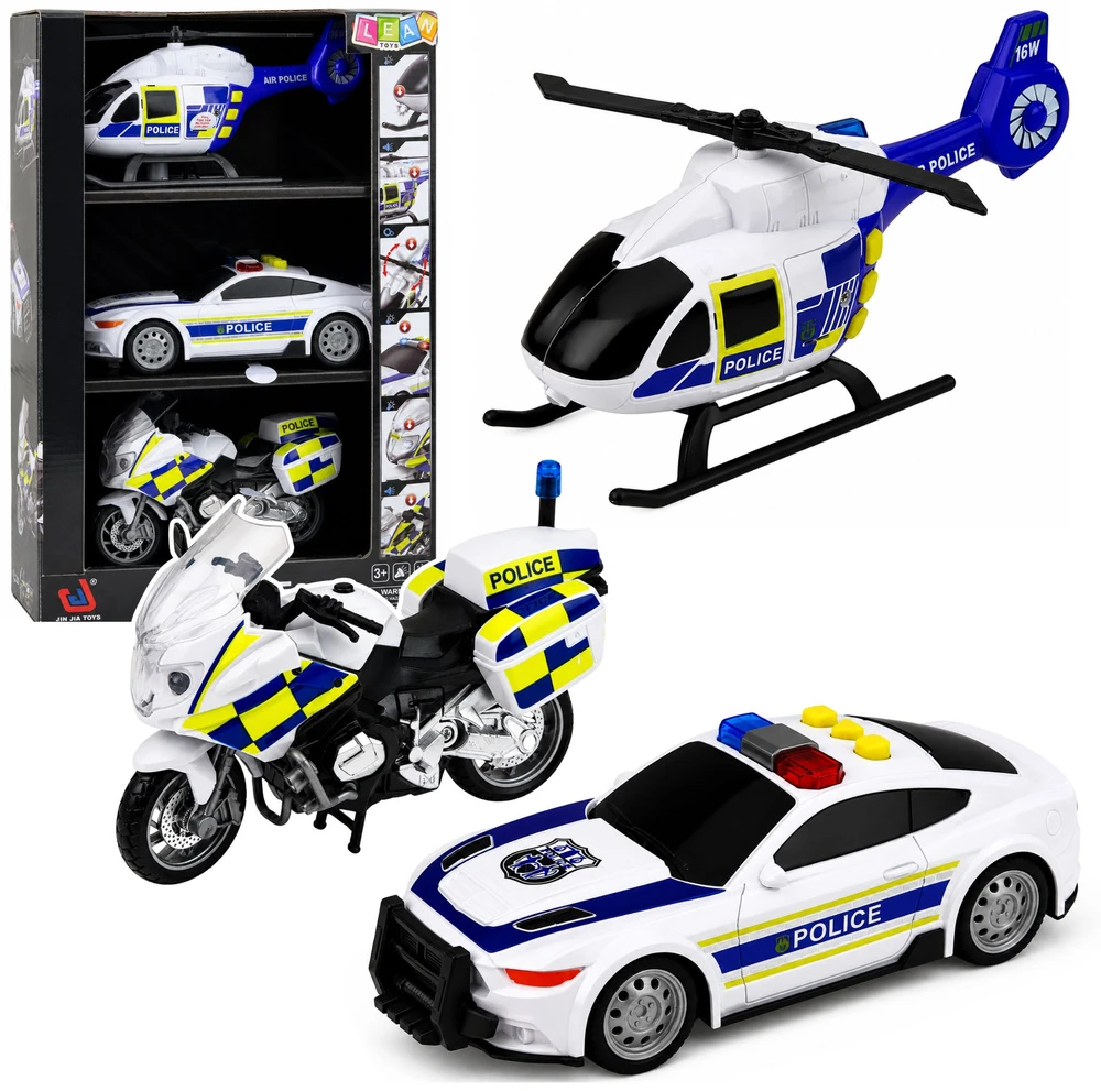 Lean Toys Policijos transporto priemonių rinkinys su šviesos ir garso efektais, baltos ir mėlynos spalvos, 3 vnt.
