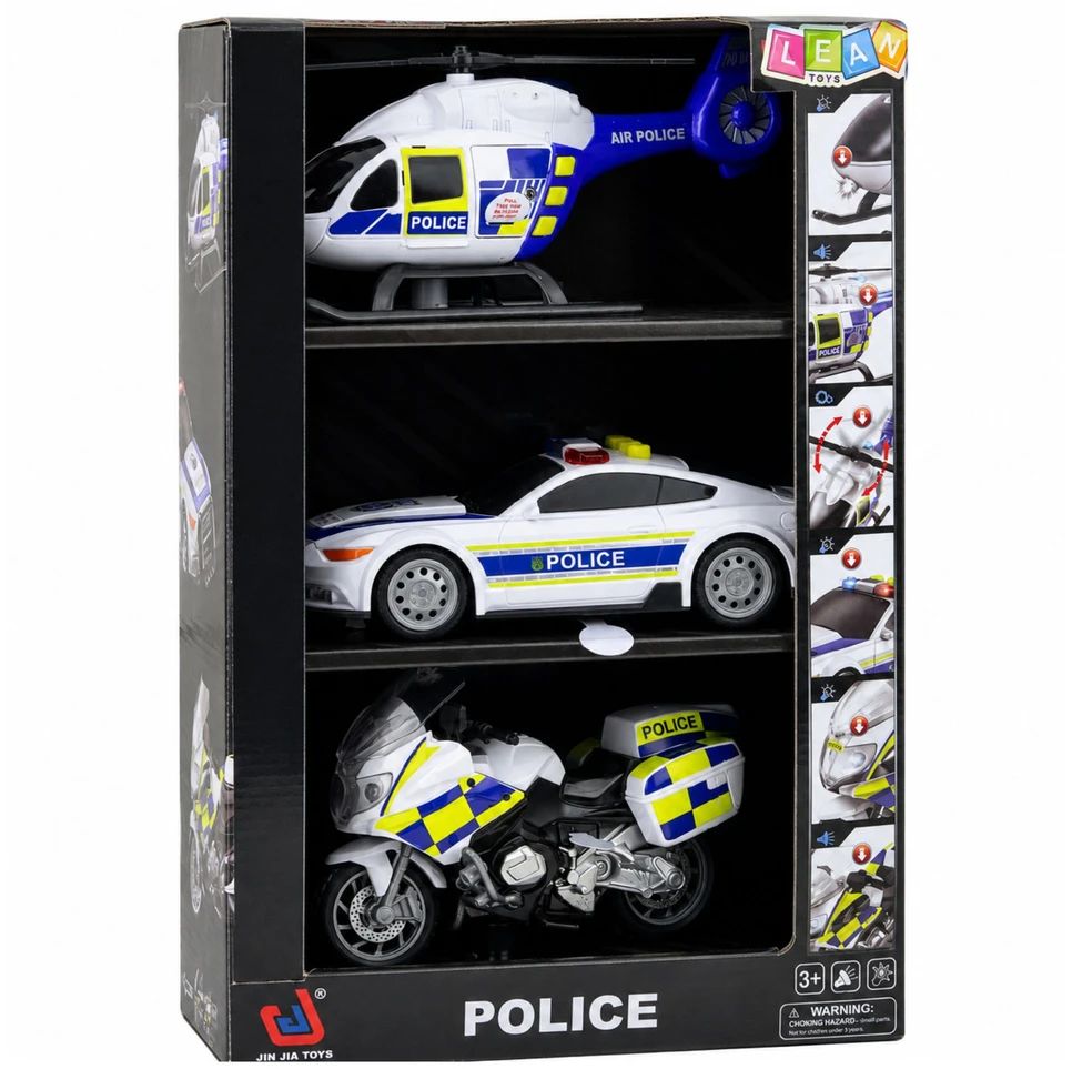 Lean Toys Policijos transporto priemonių rinkinys su šviesos ir garso efektais, baltos ir mėlynos spalvos, 3 vnt.