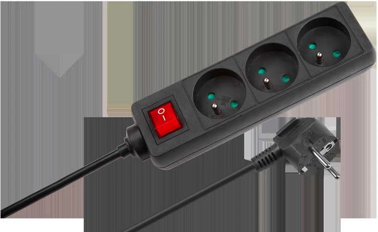 Juodas Rebel ilgintuvas su jungikliu 3 lizdai - 5m (1.5mm)
