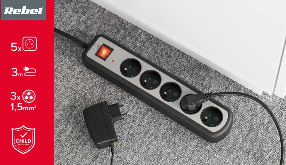 Rebel elektros tinklo ilgintuvas 5 lizdai su jungikliu 3m - 3x1.5mm