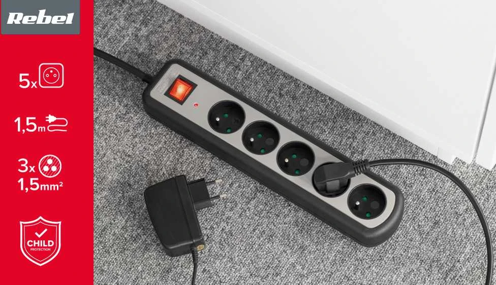 Rebel elektros tinklo ilgintuvas 5 lizdai su jungikliu 1.5m - 1.5mm