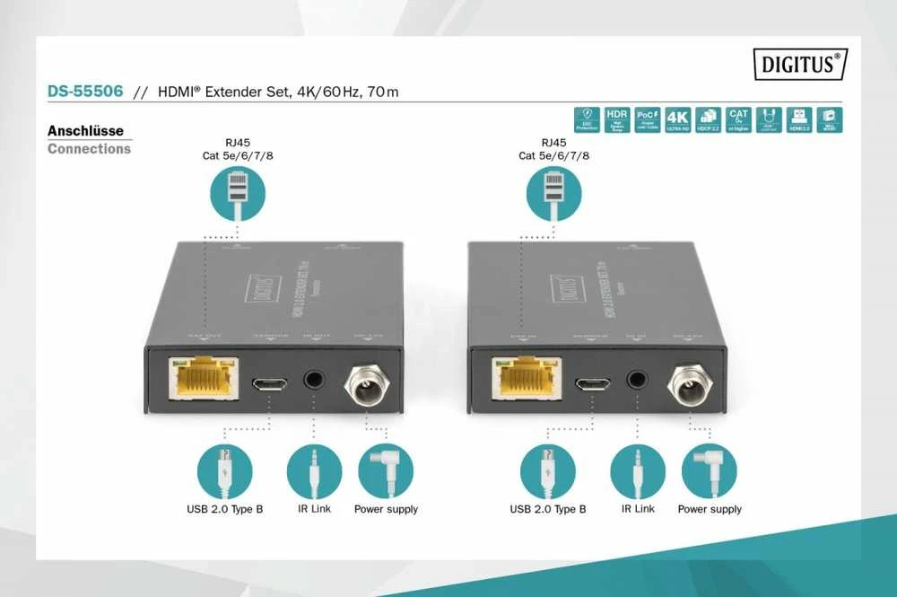 Assmann Electronic DIGITUS HDMI 2.0 plėstuvo rinkinys 70m 4K/60Hz 18Gbps HDCP 2.2 HDR PoC