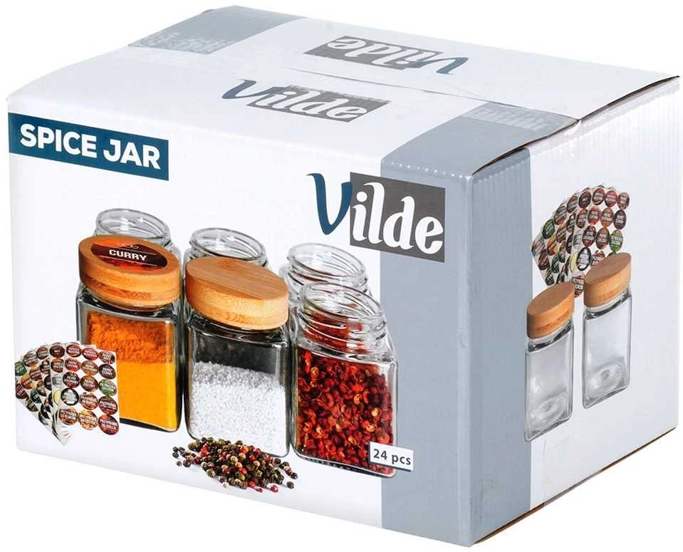 Aptel Prieskonių indeliai Vilde su bambuko dangteliais ir lipdukais, 24 vnt., 100 ml