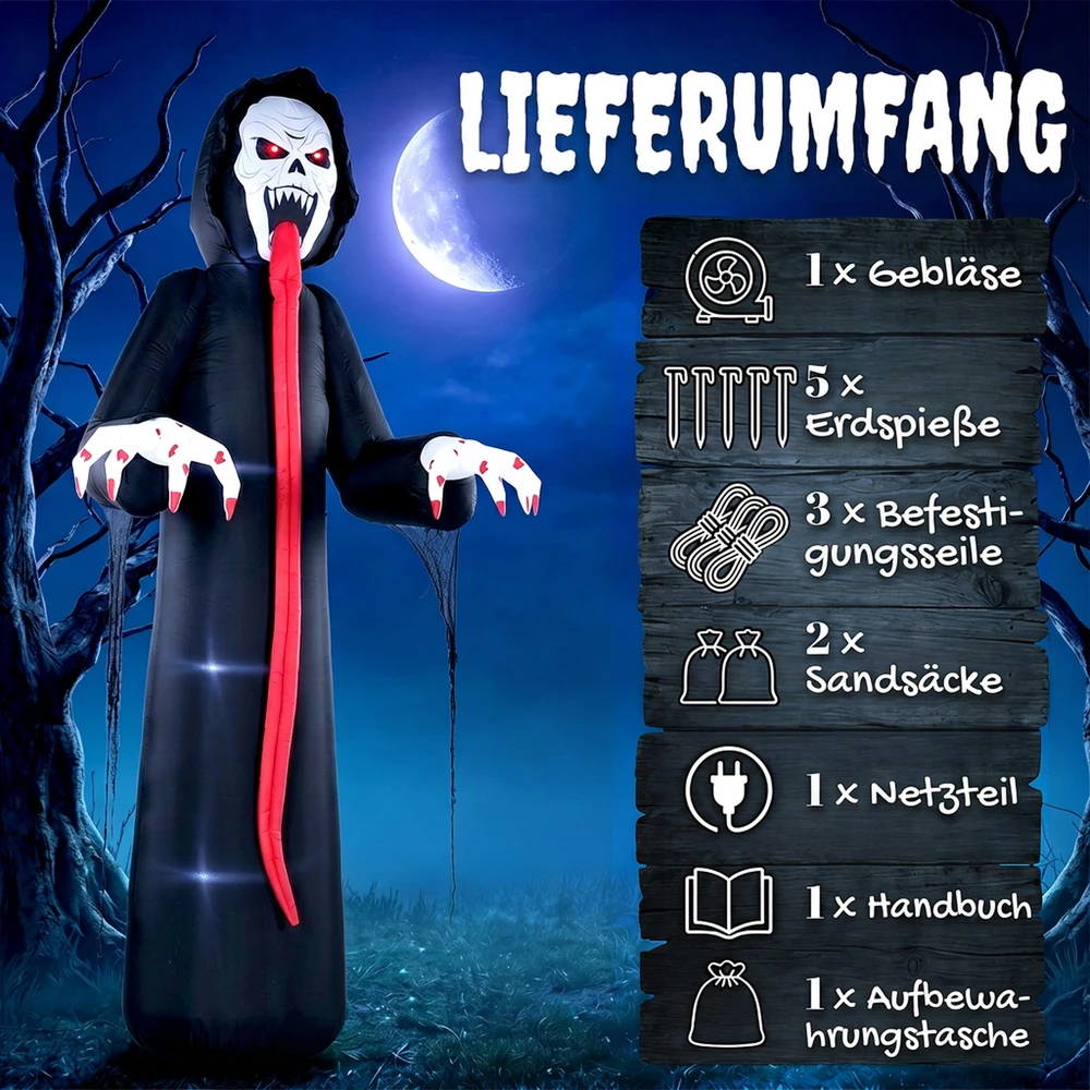 Pripučiama Helovino skeleto figūra su LED apšvietimu, juoda, raudona ir balta, 130 × 95 × 310 cm
