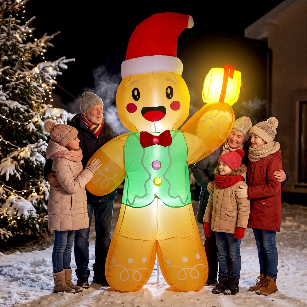 Pripučiama kalėdinė dekoracija – meduolinis žmogeliukas su dovanų dėžute, spalvota, 135 × 60 × 250 cm