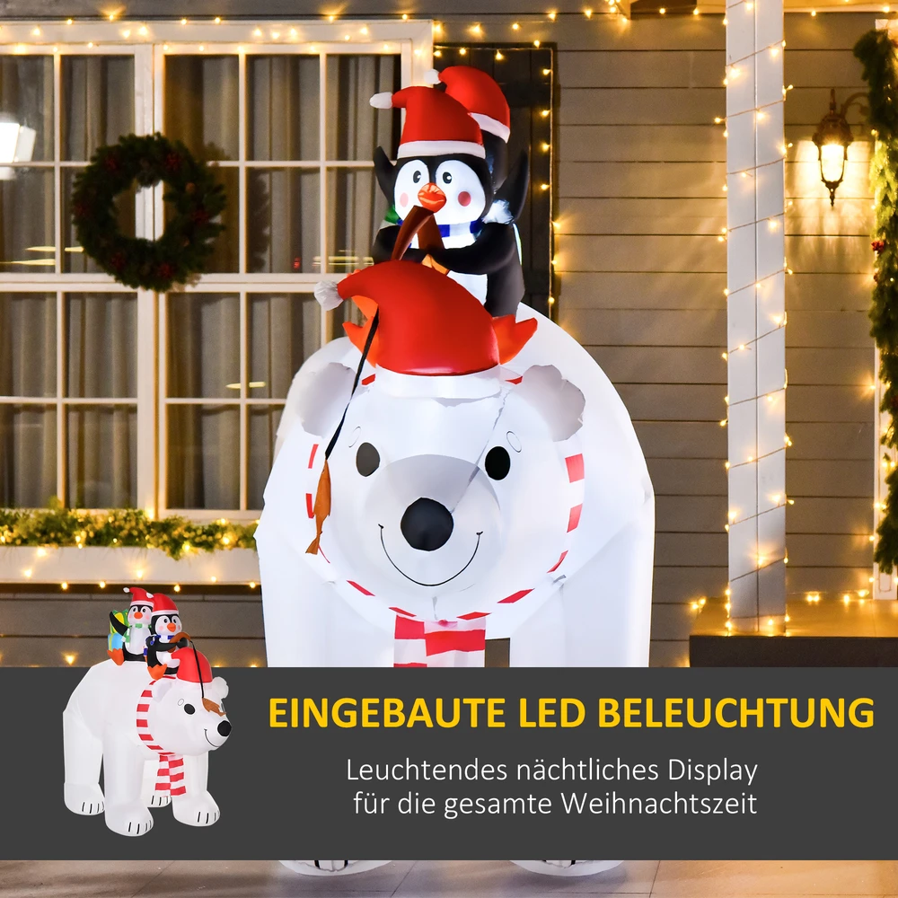Homcom Pripučiama kalėdinė dekoracija su baltuoju lokiu ir dviem pingvinais, su LED apšvietimu, balta, raudona ir juoda, 227 × 113 × 206 cm