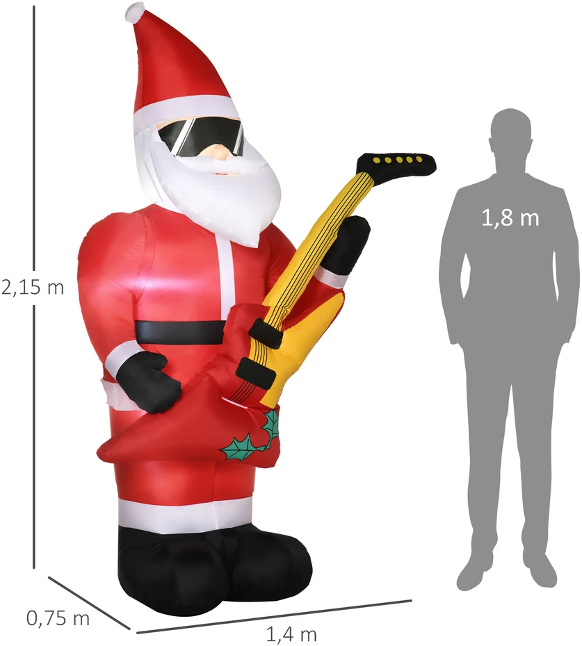 Pripučiamas Kalėdų senelis su elektrine gitara, Kalėdinė dekoracija 215 cm