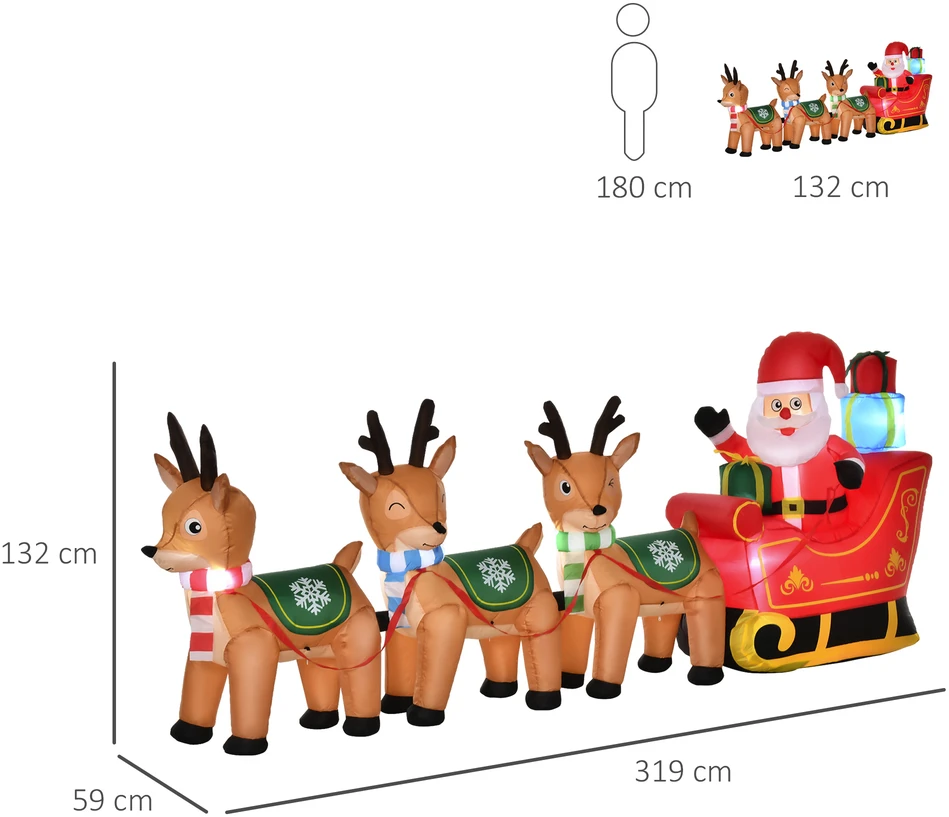Homcom Pripučiama kalėdinė dekoracija su LED apšvietimu ir Kalėdų Seneliu rogėse su 3 elniais, ruda, raudona ir žalia, 319 × 59 × 132 cm