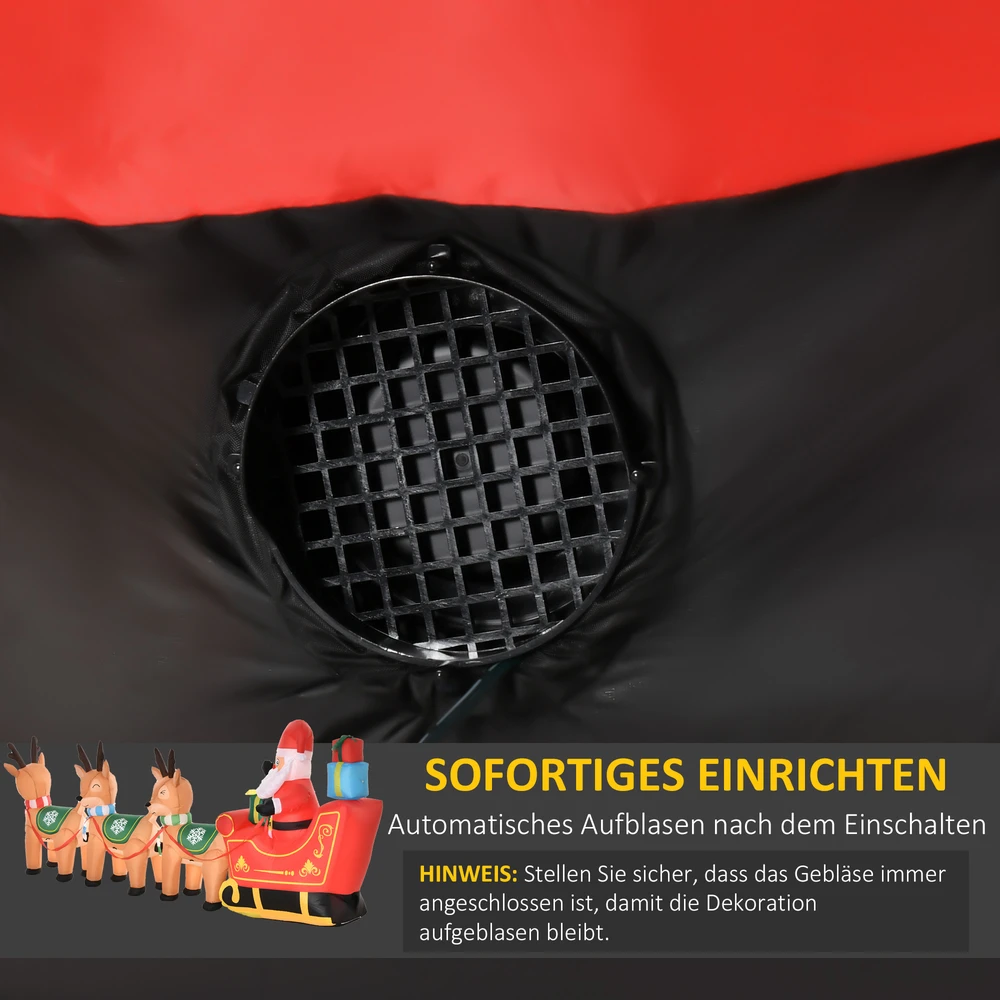 Homcom Pripučiama kalėdinė dekoracija su LED apšvietimu ir Kalėdų Seneliu rogėse su 3 elniais, ruda, raudona ir žalia, 319 × 59 × 132 cm