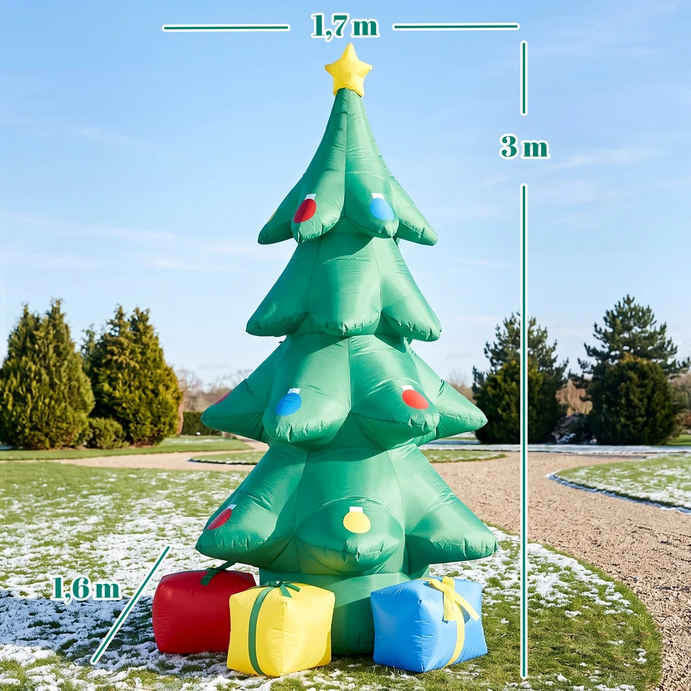 Pripučiama kalėdinė eglutė su RGB žvaigžde ir dovanų dėžutėmis, žalia, geltona, mėlyna ir raudona, 170 × 160 × 300 cm