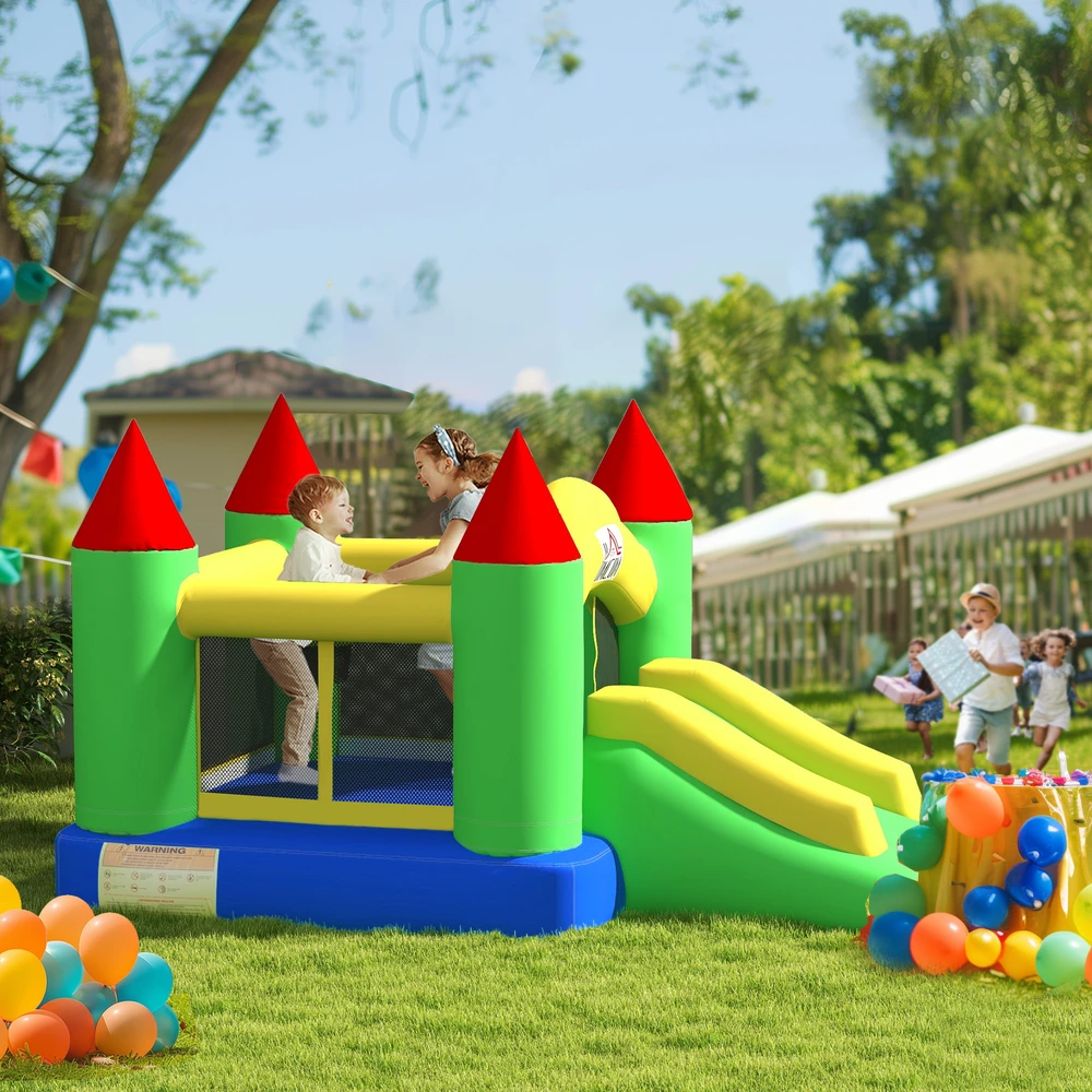 HOMCOM pripučiamas šokinėjimo batutas su pūstuvu vaikams, žaidimų pilis su čiuožykla ir apsauginiu tinklu, 3-10 metų vaikams, Oksfordo audinys, 300x180x160 cm