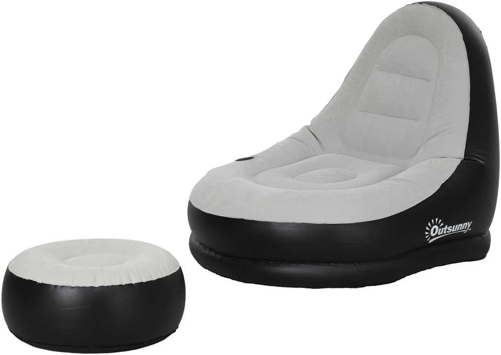 Outsunny pripučiama sofa su kojų atrama, oro sofa su puodelių laikikliu, skirta stovyklavimui ir naudojimui namuose, šviesiai pilka, 125x100x87 cm