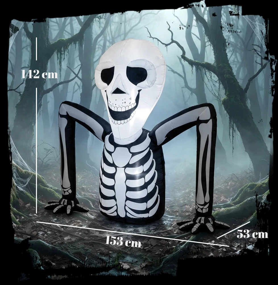 Pripučiamas Helovino skeletas, ropojantis, su LED apšvietimu, juodos ir baltos spalvos, 153 x 53 x 142 cm