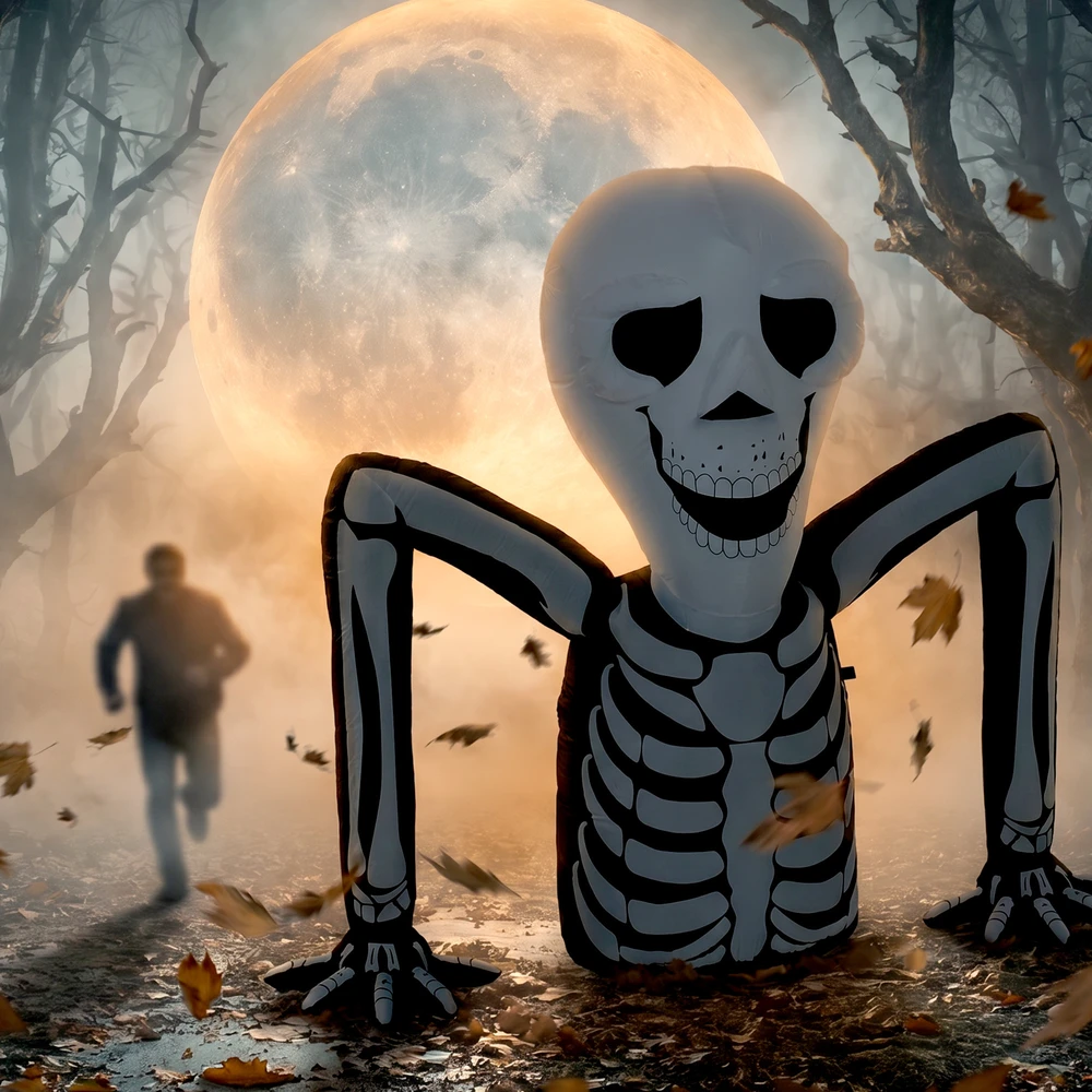 Pripučiamas Helovino skeletas, ropojantis, su LED apšvietimu, juodos ir baltos spalvos, 153 x 53 x 142 cm