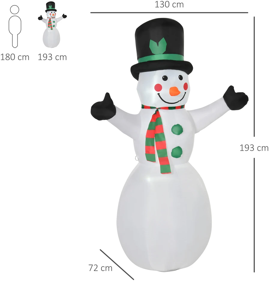Homcom Pripučiamas kalėdinis sniego senis su LED apšvietimu, baltas, 130 × 72 × 193 cm
